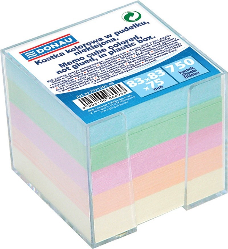 Cub hartie cu suport plastic, 92x92x82mm, DONAU - hartie culori pastel asortate