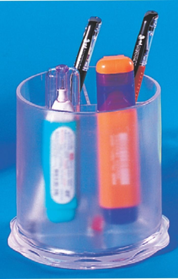 Suport plastic pentru instrumente de scris, cilindric, 97 x 104mm, KEJEA - transparent mat
