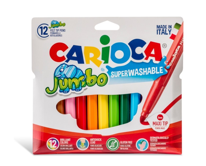 Carioca super lavabila, varf gros 6 mm, 12 culori/cutie, CARIOCA Jumbo