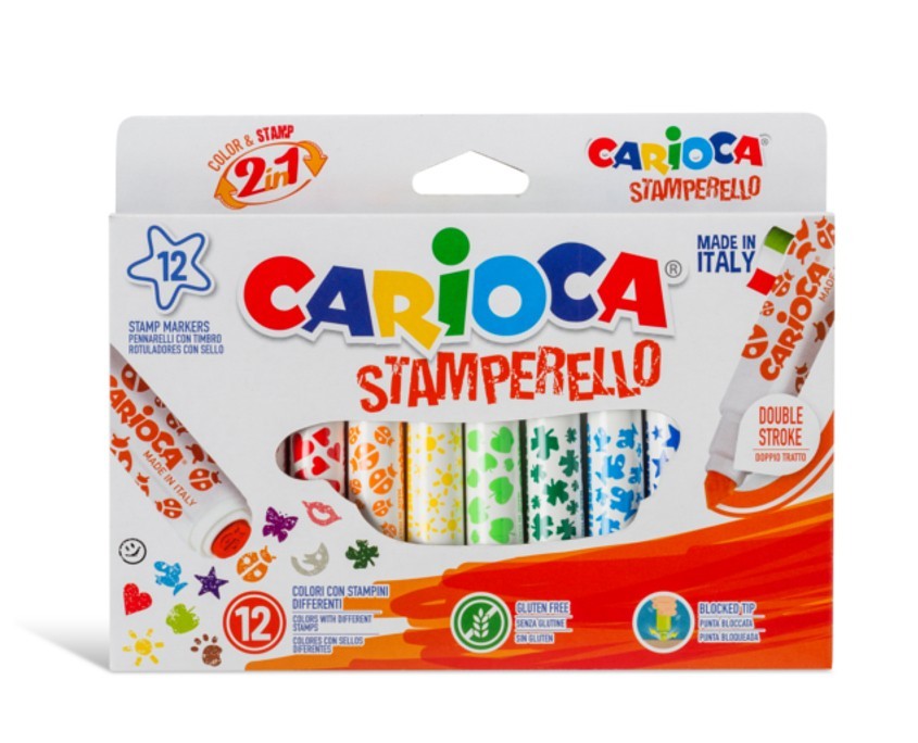 Set 12 markere cu 12 stampile, diverse forme, cutie carton, CARIOCA