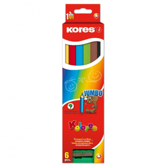 Creioane Colorate 6 Culori cu Ascutitoare Triunghiulare Jumbo Kores