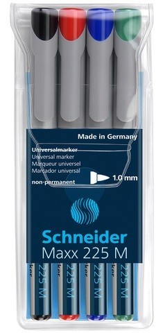 Universal non-permanent marker SCHNEIDER Maxx 225 M, varf 1mm, 4 culori/set - (N, R, A, V)