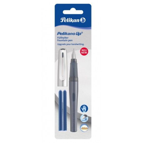 STILOU PELIKANO UP, PENITA M, PENTRU DREPTACI, ANTRACIT, 2 PATROANE MARI, BLISTER