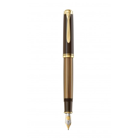STILOU SOUVERAN M800 F, PENITA AUR 18K, ACCESORII PLACATE CU AUR, CORP NEGRU-MARO