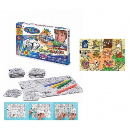 Puzzle de colorat, 36 piese + 24 carioca lavabile, CARIOCA Monsters