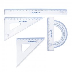 Set geometrie mic, contine: rigla 20cm, raportor, echer 10.5cm si echer 15cm, DONAU - transparent