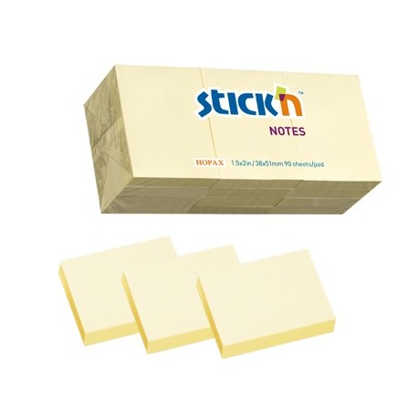 Notes autoadeziv 38 x 51 mm, 3 x 100 file/set x 4 seturi (12 seturi), Stick"n - galben pastel