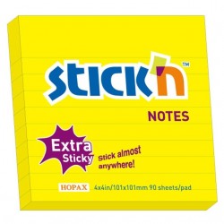 Notes autoadeziv extra-sticky liniate 101 x 101mm, 90 file, Stick"n - galben neon