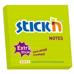 Notes autoadeziv extra-sticky liniate 101 x 101mm, 90 file, Stick"n - verde neon