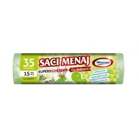 Saci menaj super rezistenti cu manere 35L, 15 buc/rola, Misavan