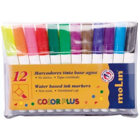 Marker cu cerneala pe baza de apa, pentru copii, 12 culori/set, MOLIN Color Plus