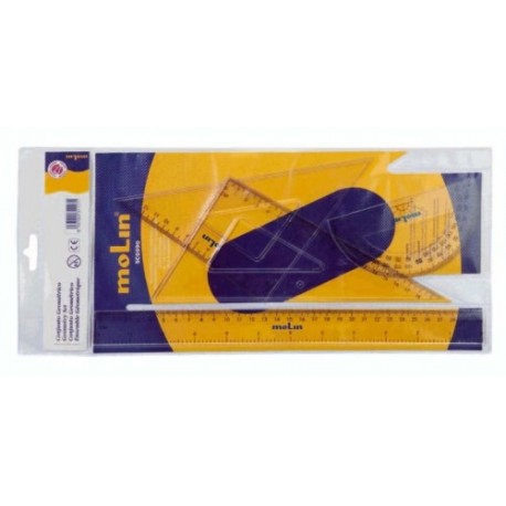 Set geometrie, contine: rigla 30 cm, raportor, 2 echere, MOLIN