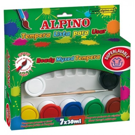 Tempera lavabila, 7 x 30ml/cutie + pensula gratis, Alpino