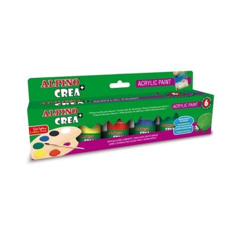 Vopsea acrilica, rezistenta la apa, 6 culoti/set + pensula gratuita, ALPINO Crea+
