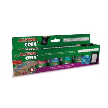 Vopsea acrilica metalizata, rezistenta la apa, 6 culoti/set + pensula gratuita, ALPINO Crea+