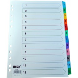 Index carton alb Mylar numeric 1-12, margine PP color, A4, 190g/mp, Optima