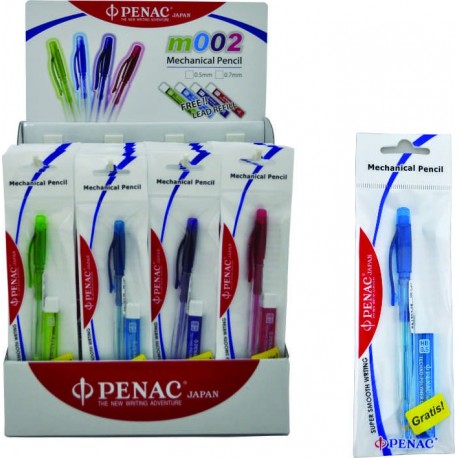Display 48 creioane mecanice PENAC m002, 0.5mm, varf din plastic - corp transp. color + set mine gra