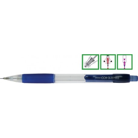 Creion mecanic PENAC CCH-3, rubber grip, 0.5mm, varf metalic, corp transparent - accesorii albastre