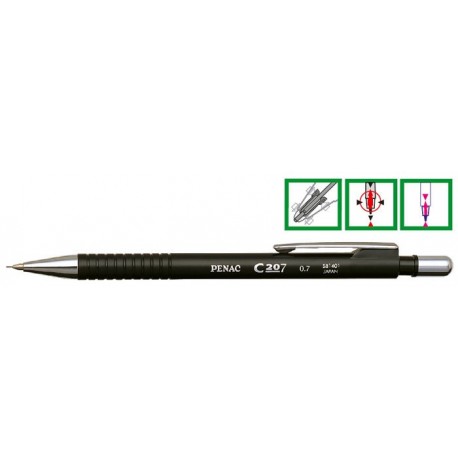 Creion mecanic PENAC C207, 0.7mm, con si accesorii metalice - corp negru