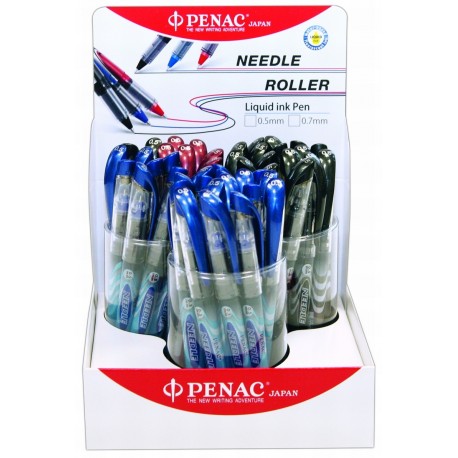 Display 48 rollere cu cerneala, 0,5mm, PENAC Liqroller Needle Point - (6xrosu, 18xnegru, 24xalbastru