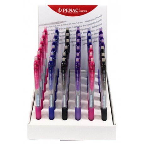 Display creioane mecaniec PENAC Shaking, rubber grip, 0.5mm, 36 buc/display - culori corp asortate