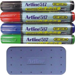 Kit burete magnetic + markere tabla de scris ARTLINE 517 - Dry safe ink, varf rotund 2.0mm, 4 culori