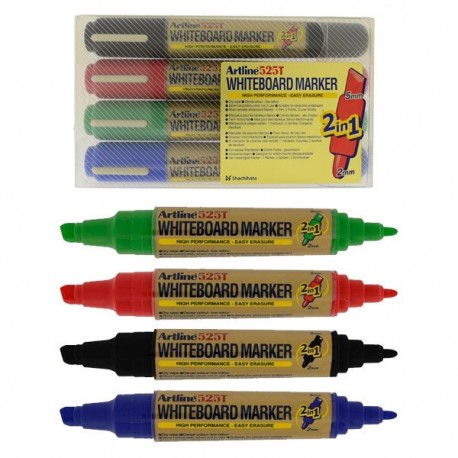 Marker pentru tabla de scris ARTLINE 525T, doua capete - varf rotund 2.0mm/tesit 5.0mm, 4 culori/set