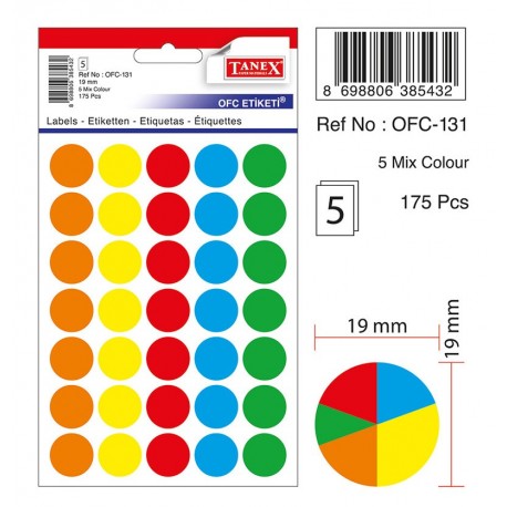 Etichete autoadezive color mix, D19 mm, 350 buc/set, Tanex - culori asortate
