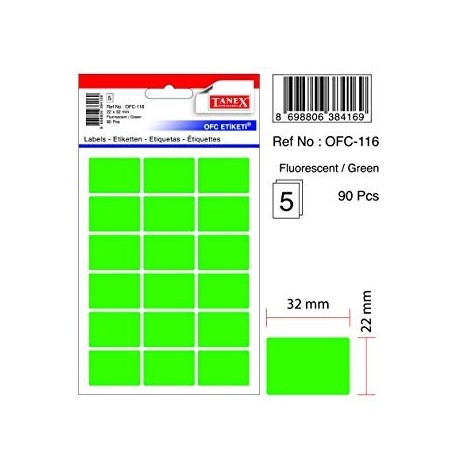 Etichete autoadezive color, 22 x 32 mm, 180 buc/set, Tanex - verde fluorescent
