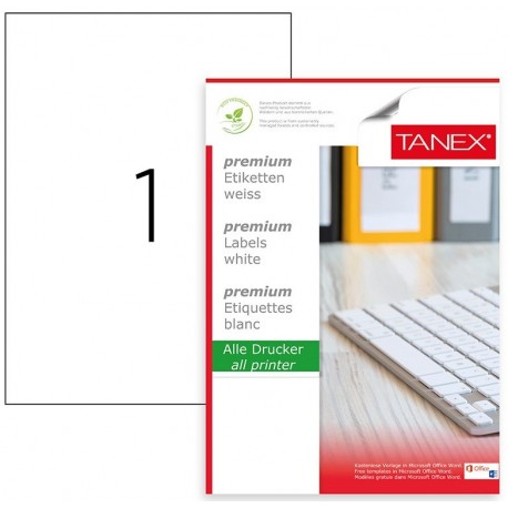 Etichete polyester albe, autoadezive, 1/A4, 210 x 297mm, 25 coli/top, TANEX - colturi drepte