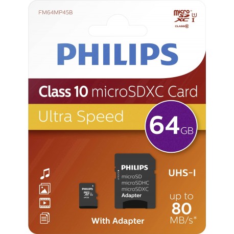 Card memorie Micro SDXC, cu adaptor SD, clasa 10, PHILIPS - 64GB