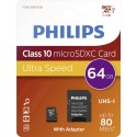 Card memorie Micro SDXC, cu adaptor SD, clasa 10, PHILIPS - 64GB