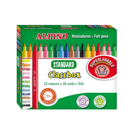 Carioca lavabila, 18 x 12 culori/cutie, ALPINO Standard Economy pack - ideale pt. scoli si gradinite