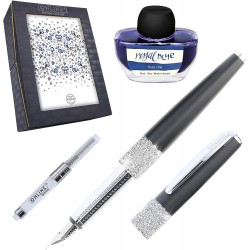 Set Online Crystal Celebrites, stilou argintiu cu cristale Swarovski, convertor, calimara cerneala albastra, ambalat in cutie