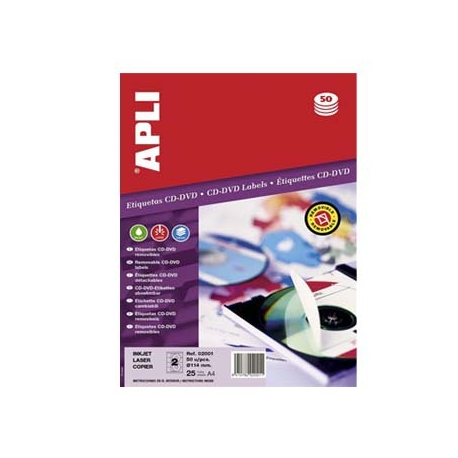 ETICHETE AUTOADEZIVE CD/DVD APLI A4, 25 coli/top