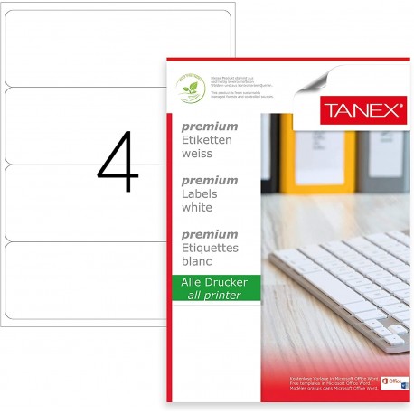 Etichete albe autoadezive, repozitionabile, 4/A4, 192 x 59mm, 25 coli/top, TANEX-colturi rotunjite