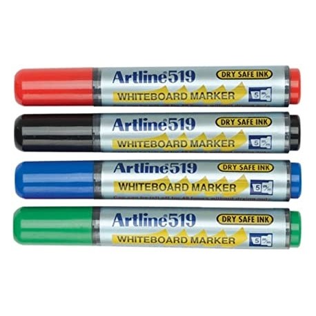 Marker pentru tabla de scris ARTLINE 519 - Dry safe ink, varf tesit 2.0-5.0mm, 4 culori/set