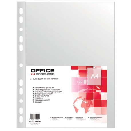 Folie protectie pentru documente A4, 45 microni, 100folii/set, Office Products - transparenta