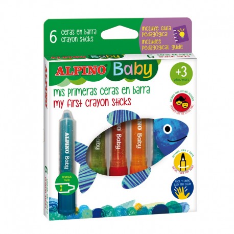 Creioane cerate, in suport de plastic, 6 culori/set, ALPINO Baby Sticks