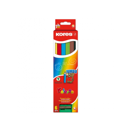 Creioane Colorate 6 Culori cu Ascutitoare Triunghiulare Jumbo Kores