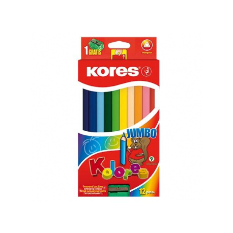 Creioane Colorate 12 Culori cu Ascutitoare Triunghiulare Jumbo Kores