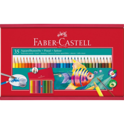 Creioane Colorate Acuarela 35 buc + Pensula Cutie Lemn Faber-Castell