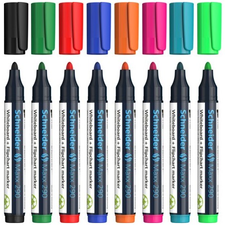 Marker SCHNEIDER Maxx 290, pentru tabla de scris+flipchart, varf rotund 2-3mm, 8 cul/set - (N,R,A,V,