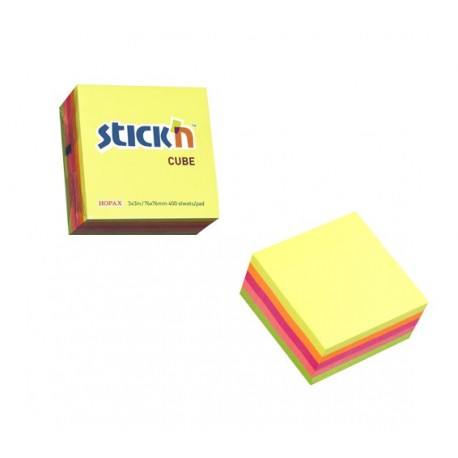 Cub notes autoadeziv 76 x 76 mm, 400 file, Stick"n - 5 culori fluorescente