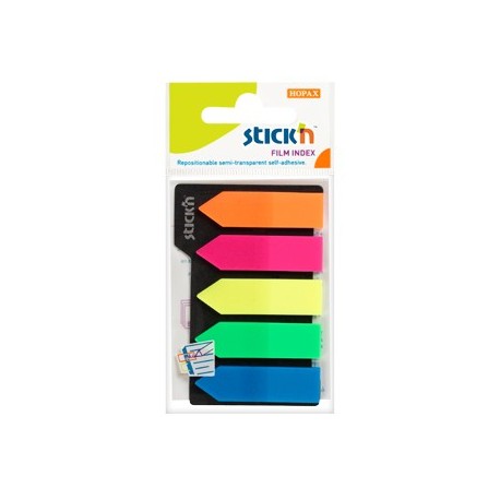 Stick index plastic transparent color 42 x 12 mm, 5 x 25 file/set, Stick"n - 5 culori neon - sageata