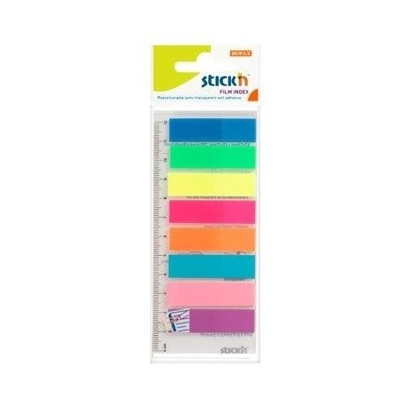 Stick index plastic transp. color 45 x 12 mm, 8 x 25 file/set + rigla, Stick"n - 8 culori neon