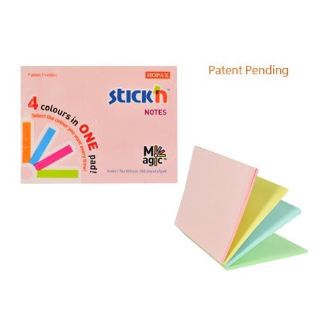 Magic notes autoadeziv 76 x 101 mm, 100 file, Stick"n Magic Notes - 4 culori pastel