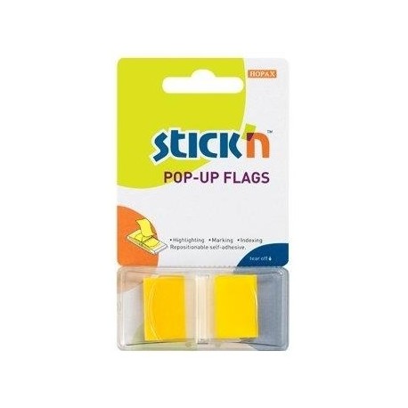 Film index autoadeziv 45 x 25mm, 50 file/set, cu dispenser, Stick"n Pop-up - transparent/galben