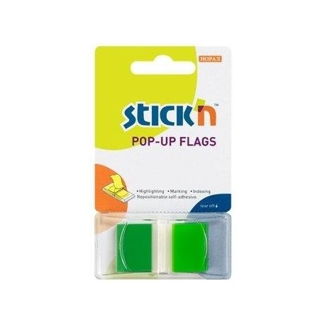 Film index autoadeziv 45 x 25mm, 50 file/set, cu dispenser, Stick"n Pop-up - transparent/verde