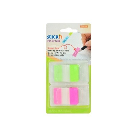 Film index autoadeziv cu tab din hartie, 38 x 24mm, 20 file/set, Stick"n Pop-up - vernil/roz